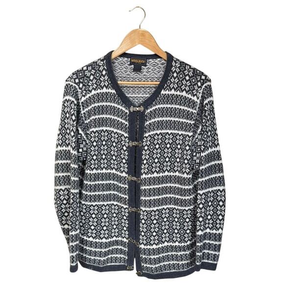 Woolrich Cotton/Ramie Blend Nordic Pewter Clasp Cardigan Sweater Sz L - Picture 2 of 8